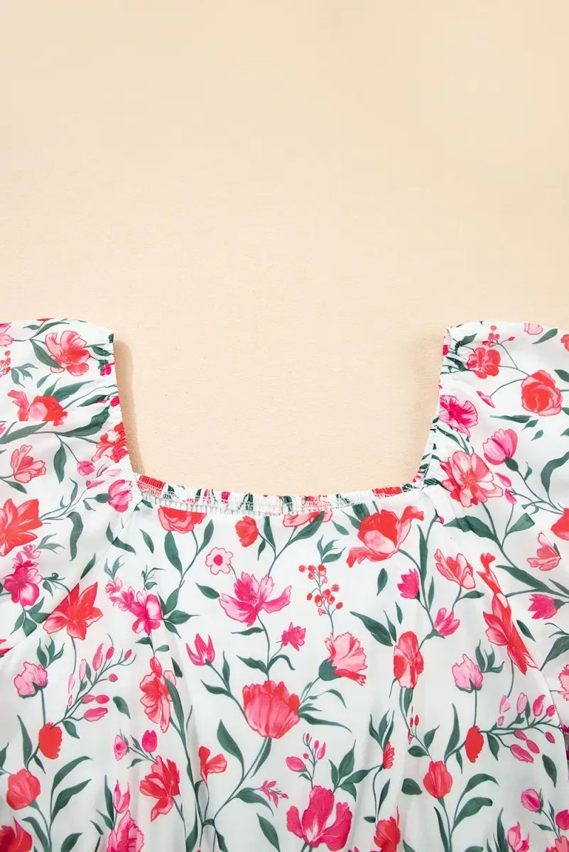 Pink Floral Puff Sleeve Square Neck Empire Waist Maxi Dress - Love Salve